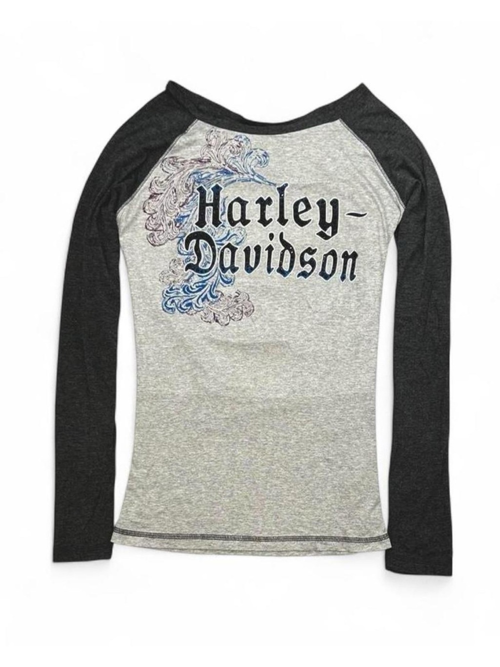 Y2K 2000s Harley Davidson Graphic Grey & Black Long Sleeve Raglan Top